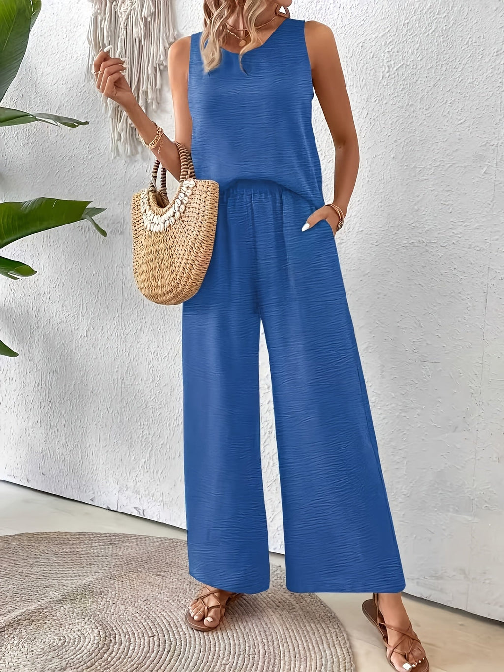 Crochet Back Sleeveless Top and Wide Leg Pants Summer Set