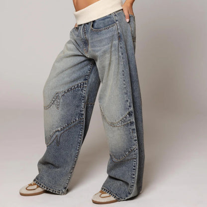 Washed Blue Vintage Denim Jeans for Women | Loose Fit Straight Leg
