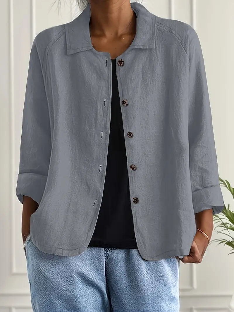 Textured Button Front Collared 3/4 Sleeve Linen Blazer