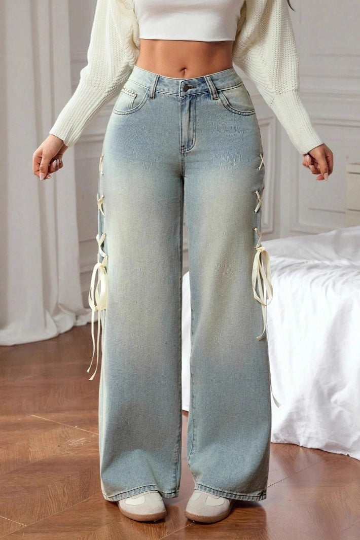 Bow Sash Decor Loose Wide Leg Jeans