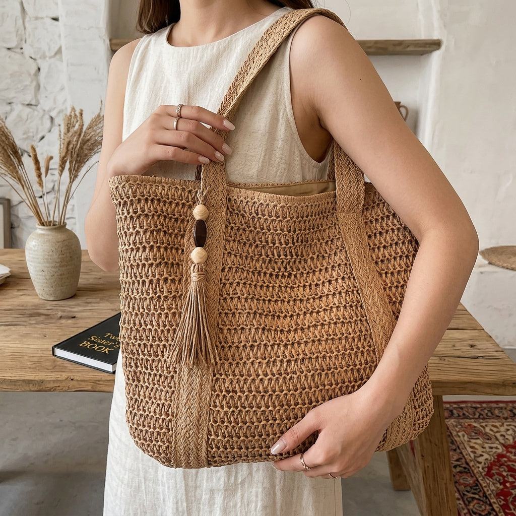 Woven Straw Tote Bag with Fringe Tassel Detail