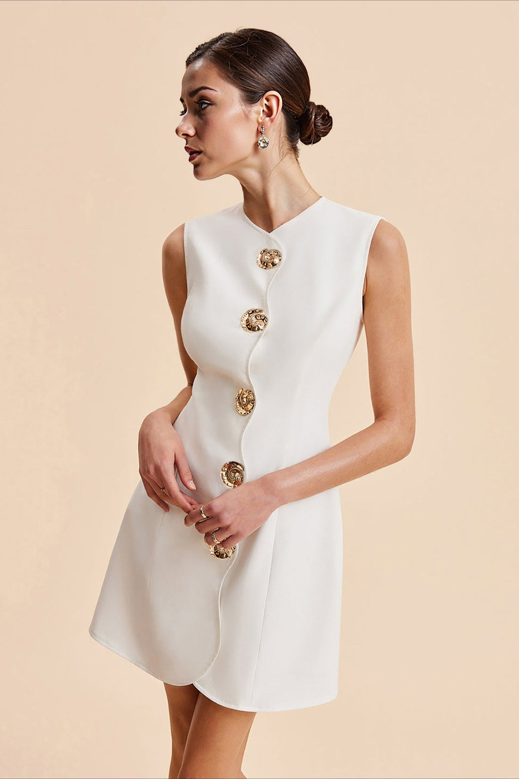 Round Neck Buttoned Solid Mini Dress