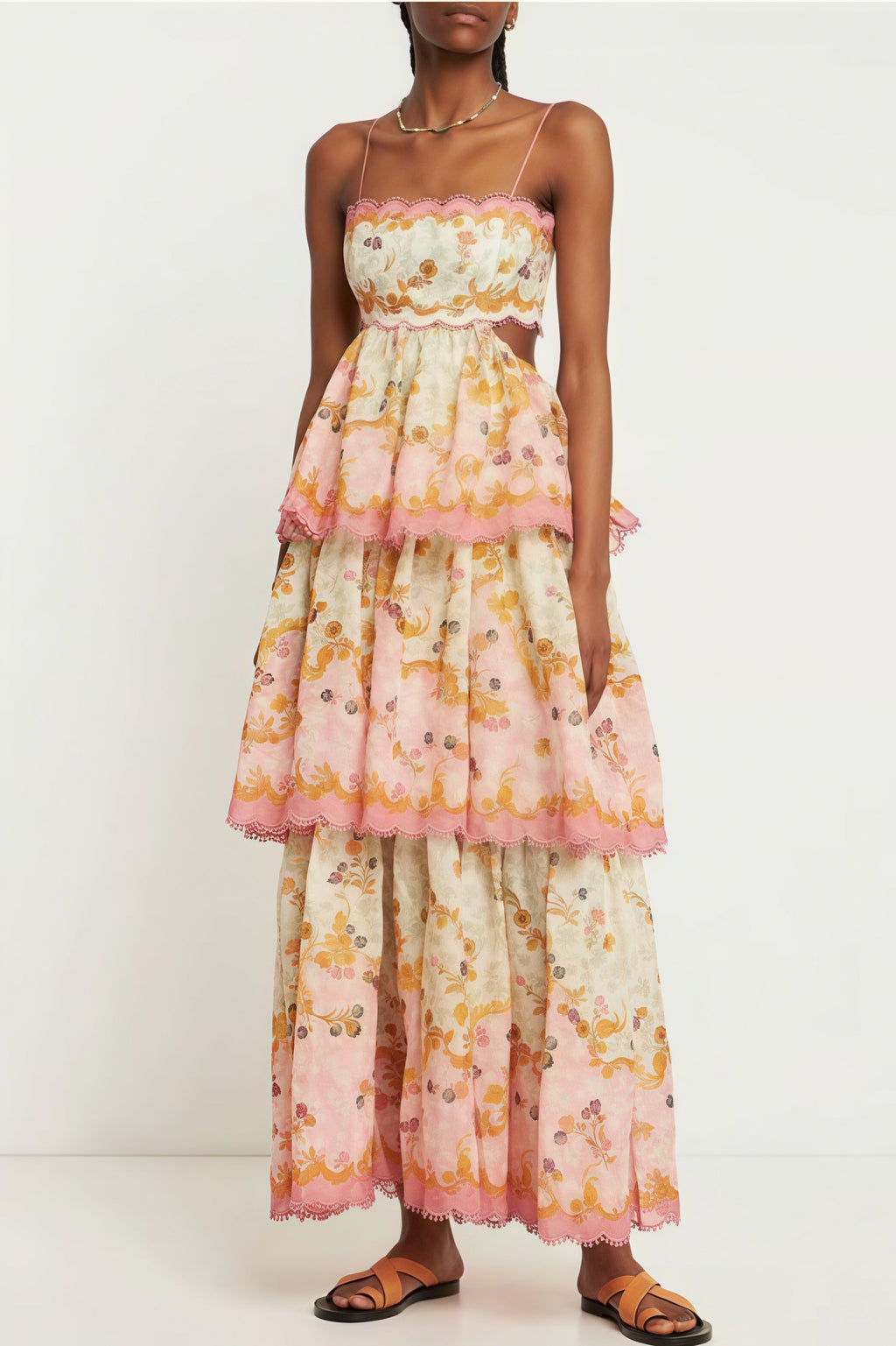 Fashion Tiered Spaghetti Strap Tassel Cutout Waist Embroidered Maxi Dress
