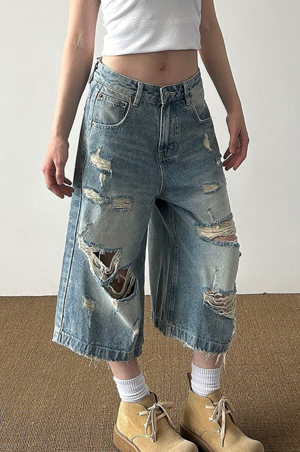 Retro Washed Ripped Whisker Cropped Jeans