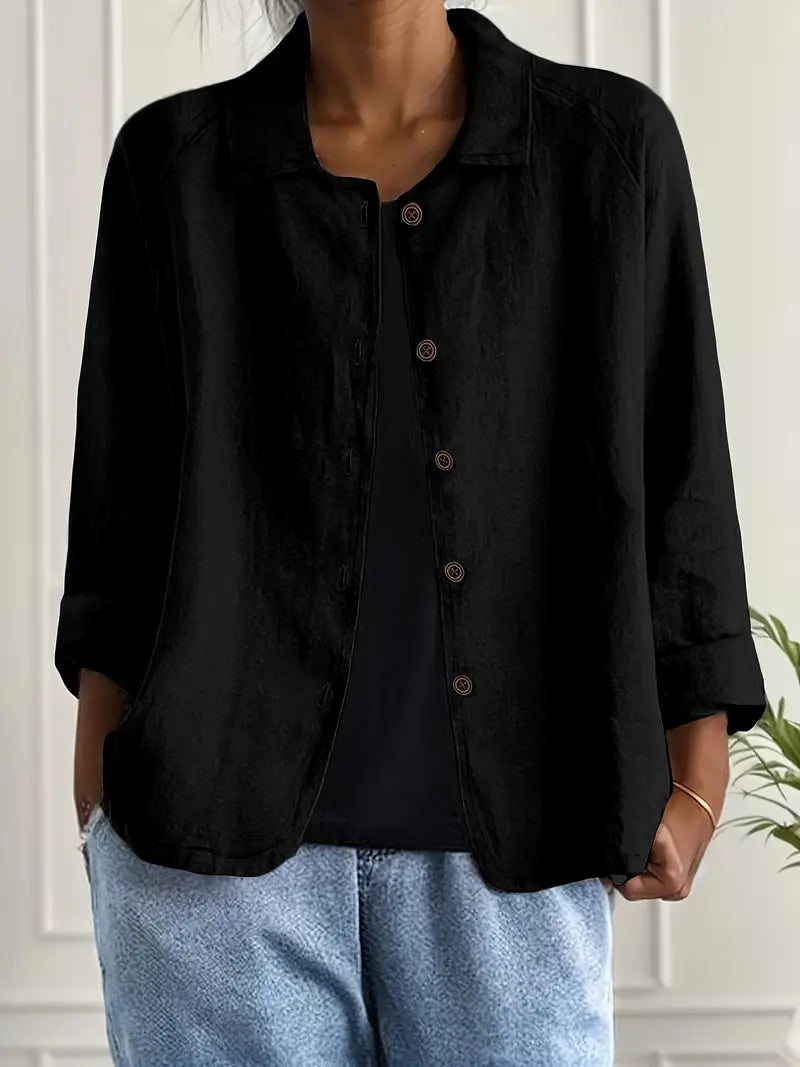Textured Button Front Collared 3/4 Sleeve Linen Blazer