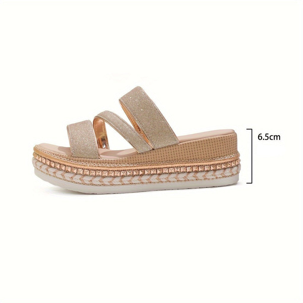 Glitter Multi Strap Velcro Studded Platform Wedge Sandal