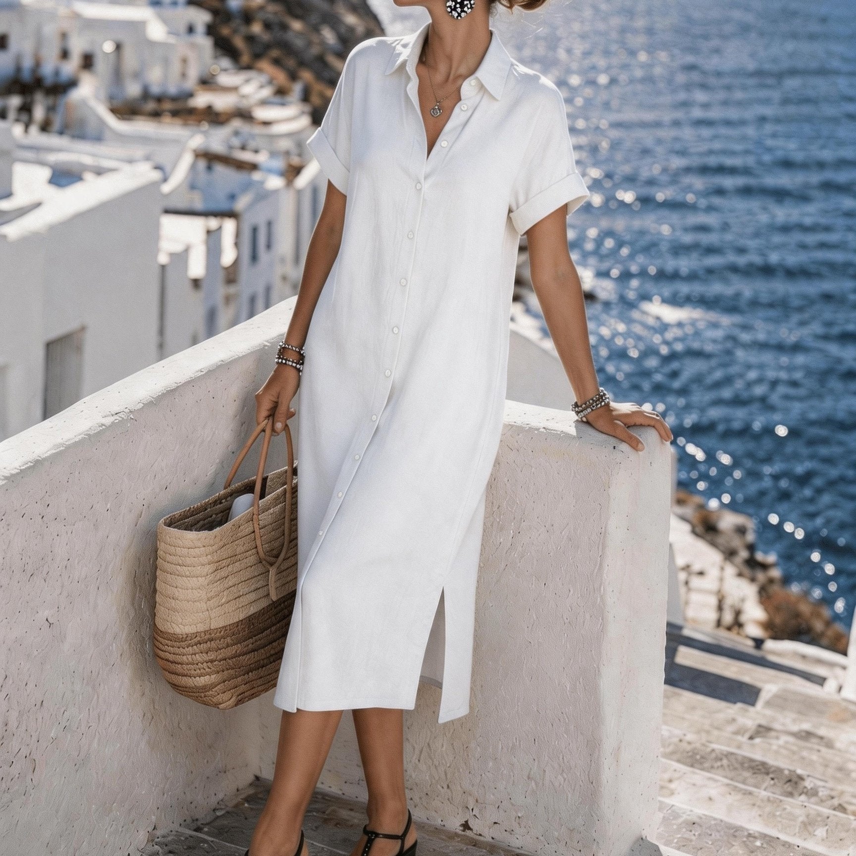 Button-Front Short Sleeve Shirt Dress for Vacation