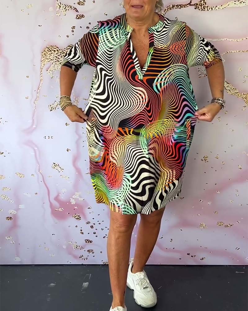 Abstract Wave Print V Neck Half Sleeve Casual Shirt Dress