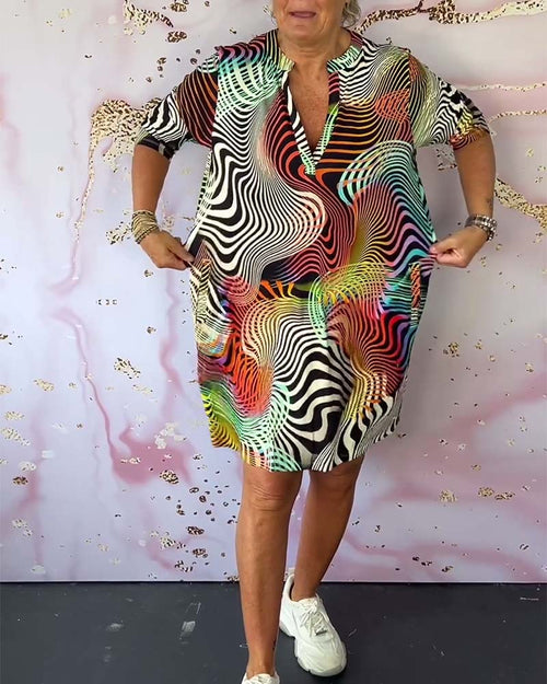Abstract Wave Print V Neck Half Sleeve Casual Shirt Dress