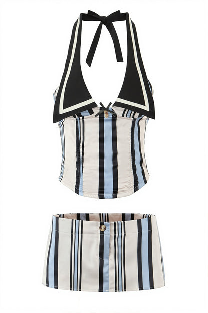 Sexy Digital Striped Halter Top Bodycon Mini Skirt Sets