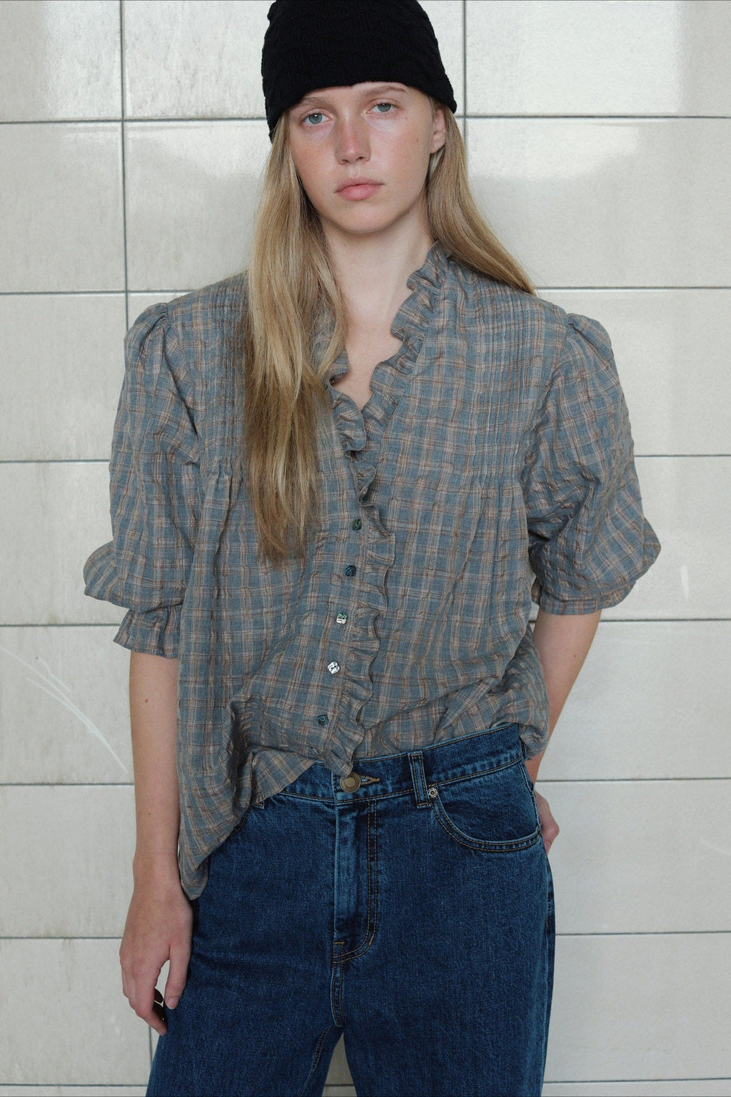 Casual Plaid Ruffle Long Sleeve Blouse