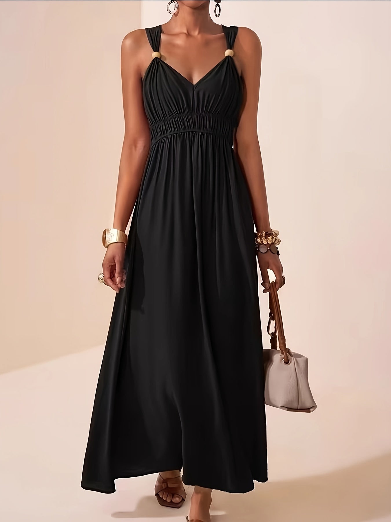 Gold Ring Strap Ruched Bust V Neck Flowy Maxi Dress