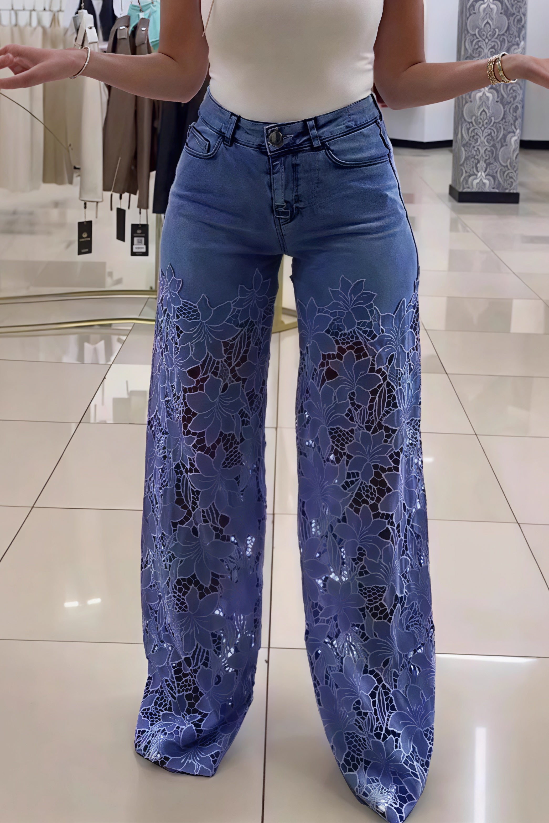Lace Spliced Hollow Straight Jeans