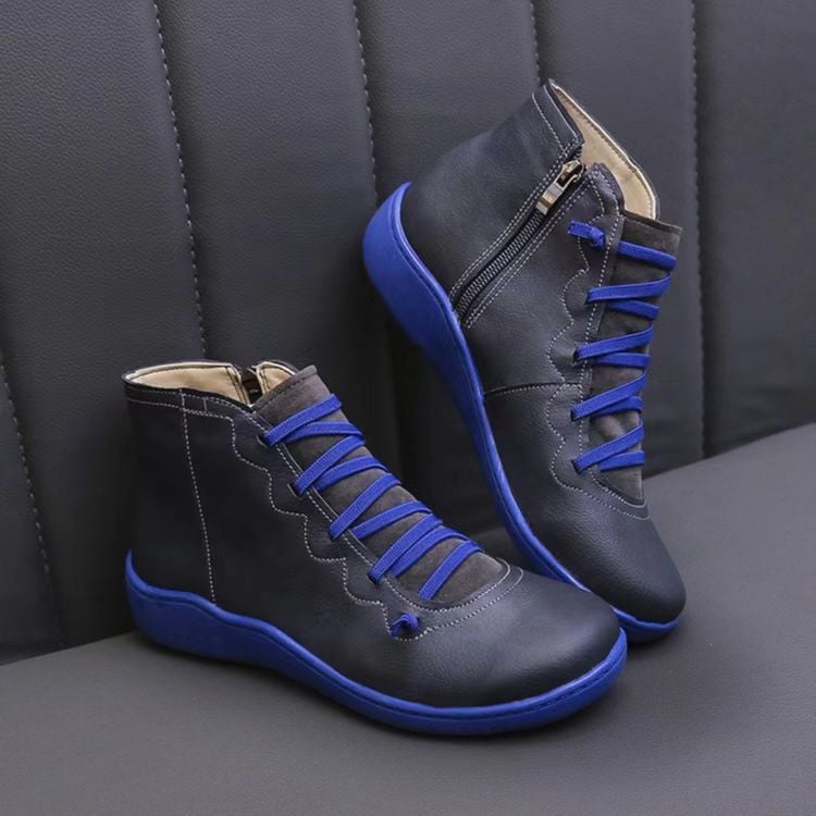 Lace Up Leather Zip Flat Casual Ankle Boot