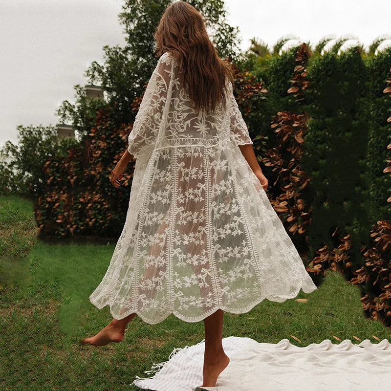 Ivory Lace Cardigan Hippie Swimsuit Cover Up Transparent