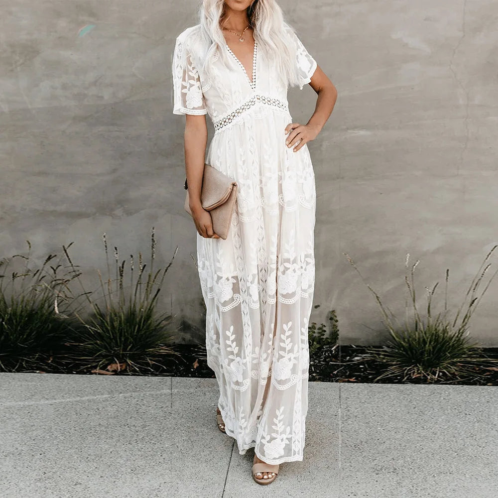 Vintage White Deep V-neck Summer Dress