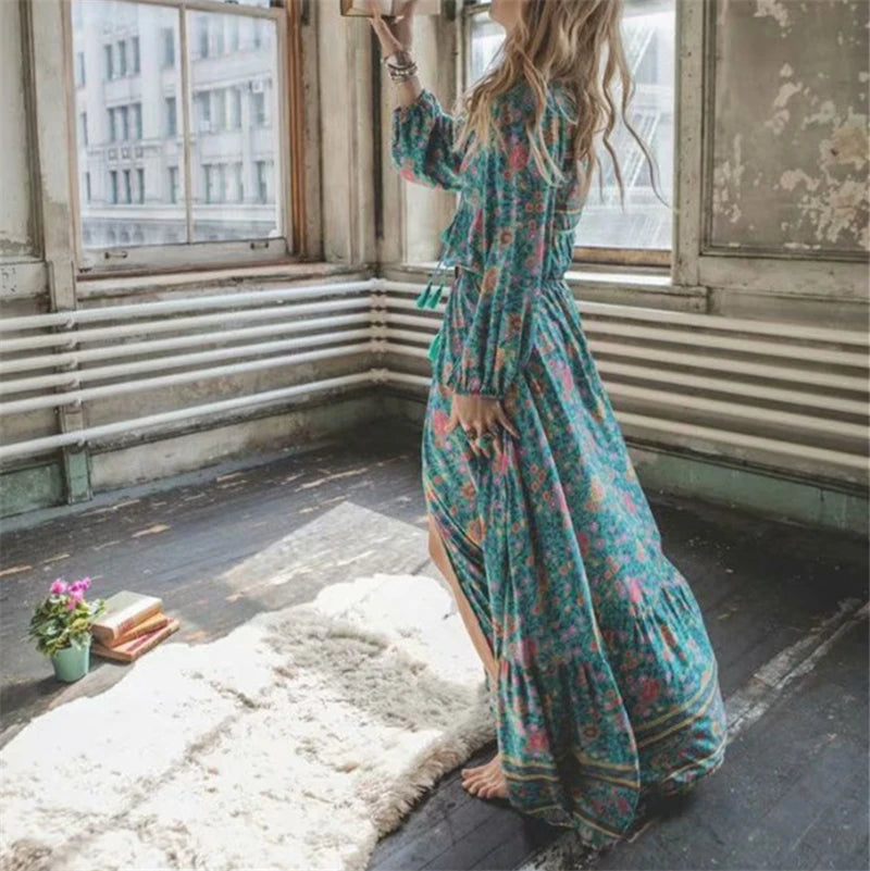 Verdant Flower Pattern Fringe Rayon Cotton Seaside Maxi Boho Dress – view 2