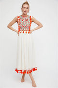 Floral Embroidery Sleeveless Tassel Cotton Boho Dress