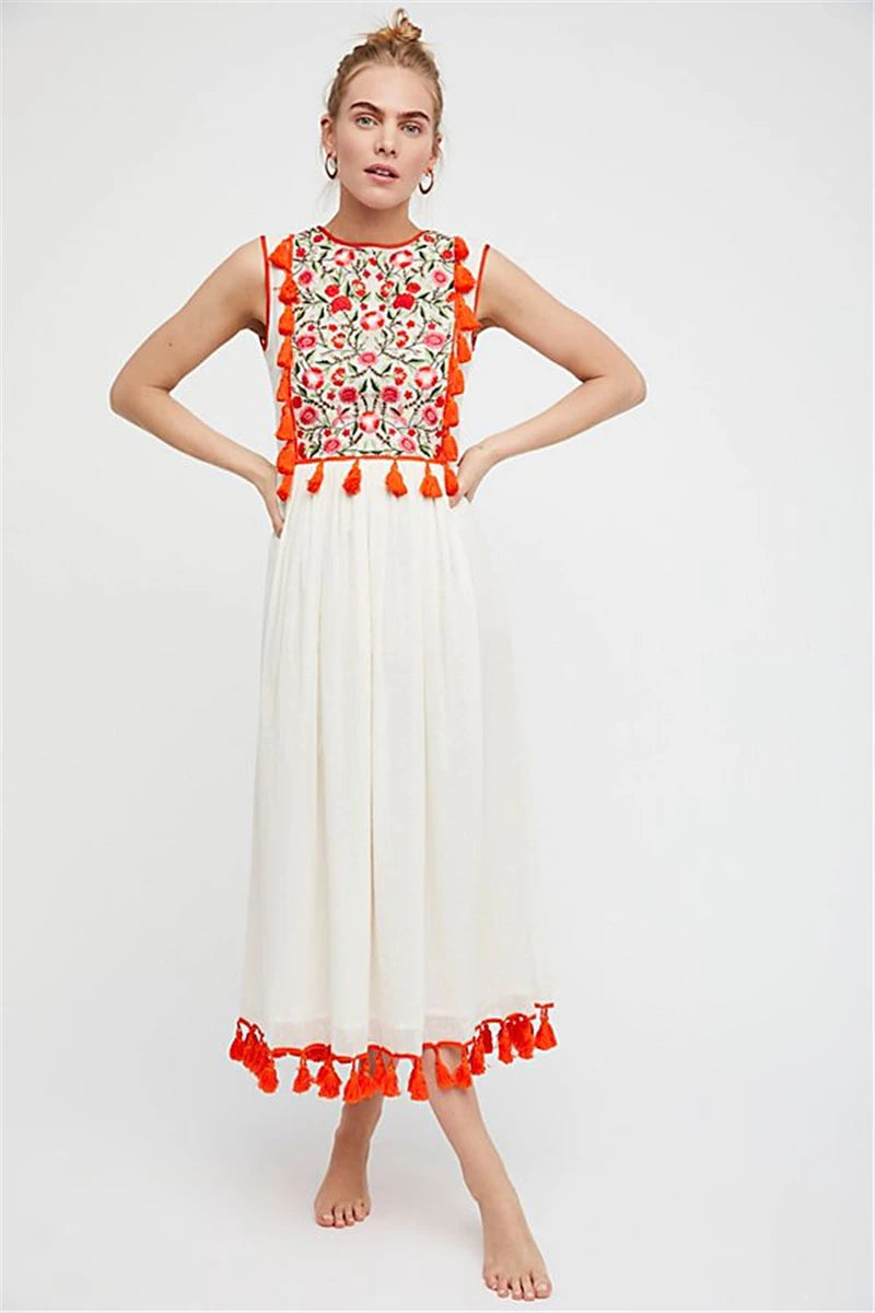 Floral Embroidery Sleeveless Tassel Cotton Boho Dress