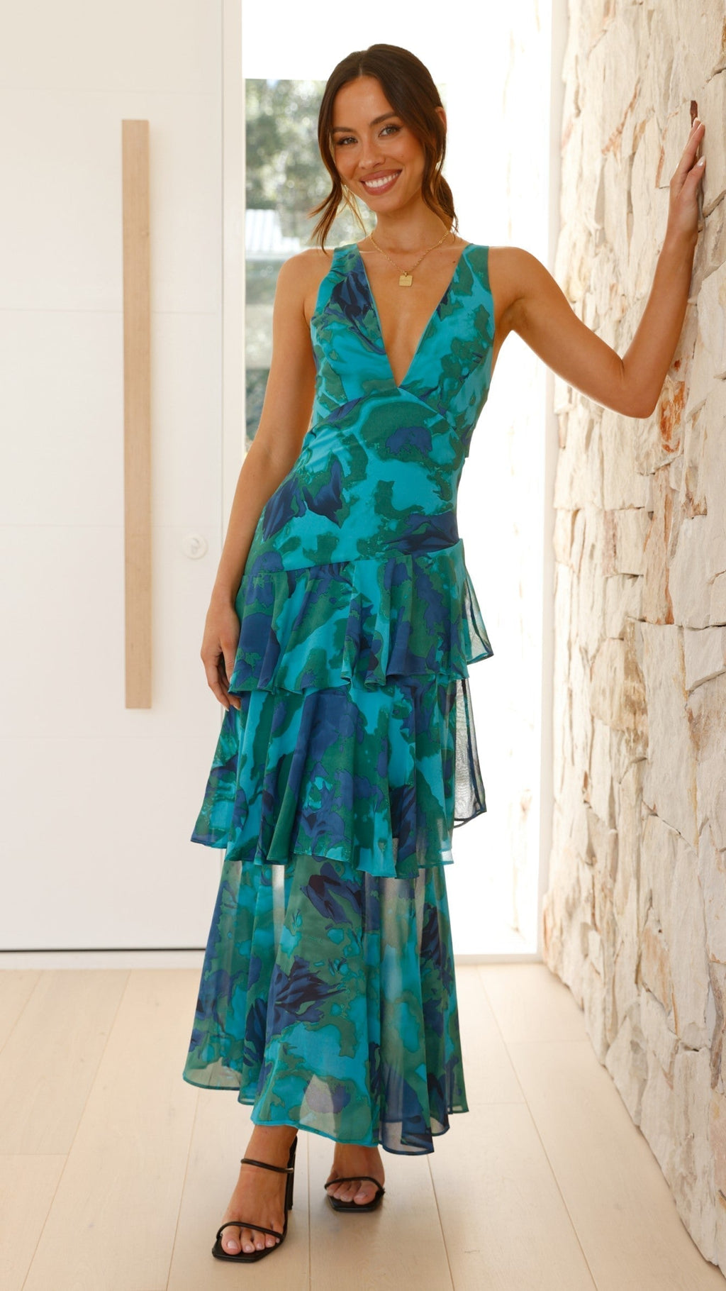 Abstract Print Deep V Neck Tiered Flowy Maxi Dress - Formal Wedding Guest