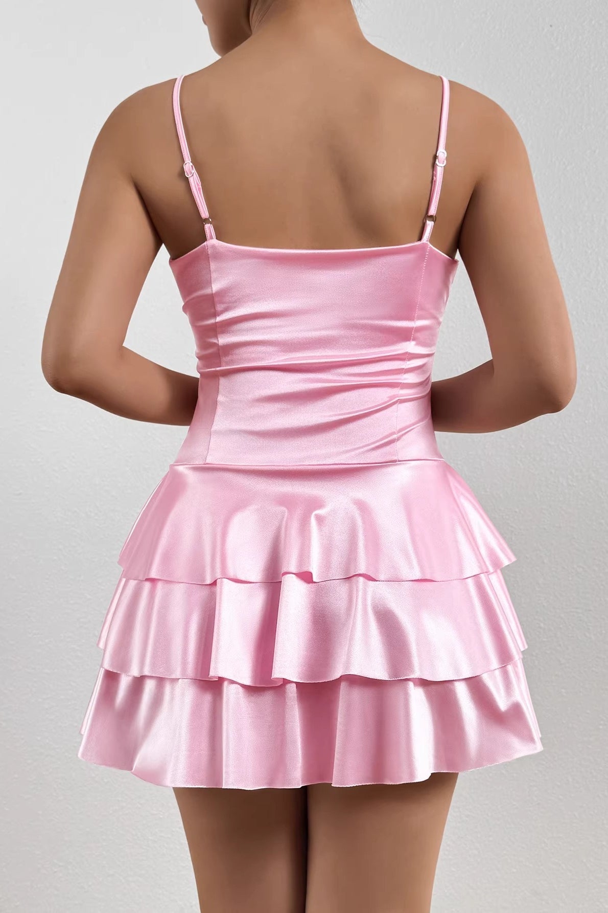 Satin V Neck Tiered Cami Mini Dress