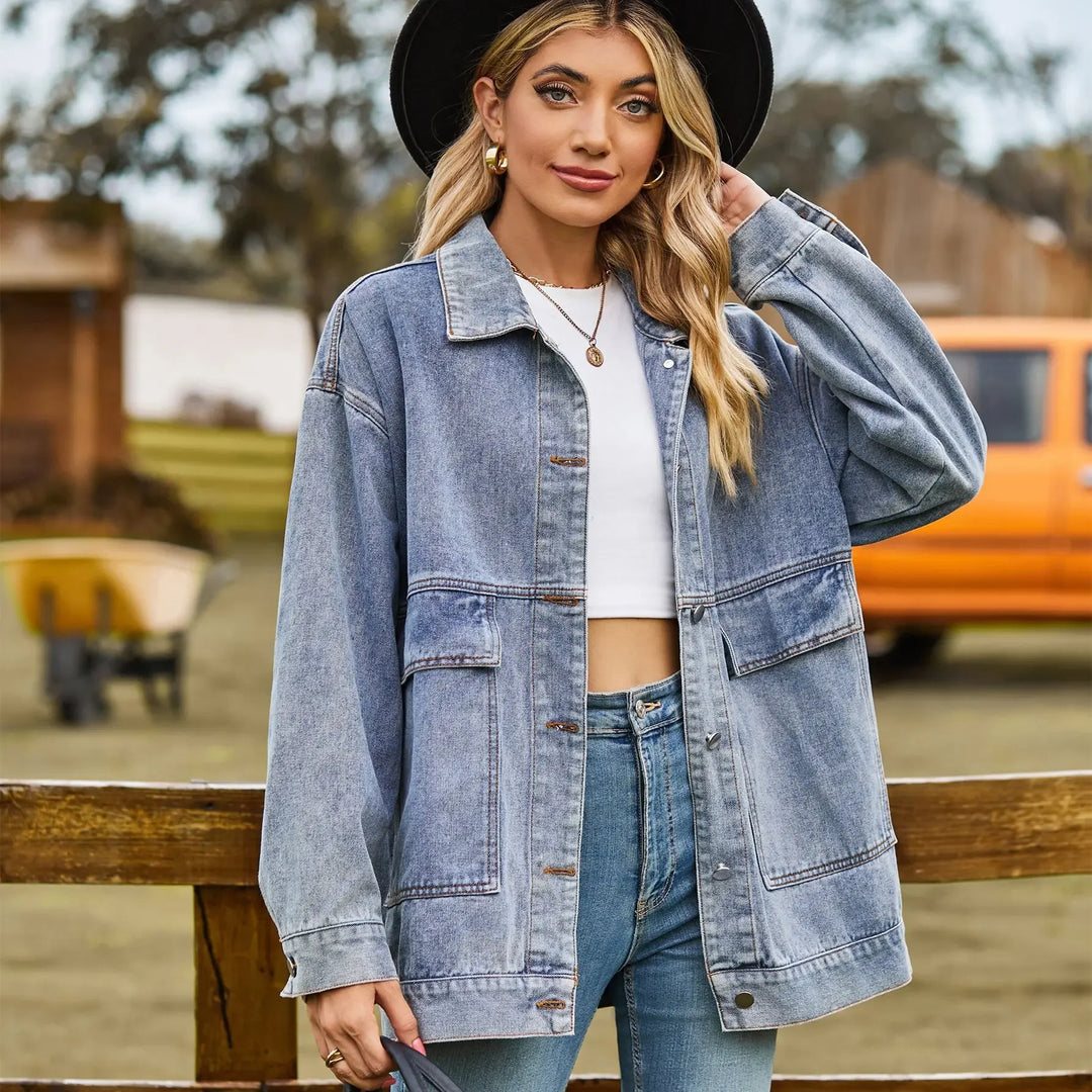 Oversized Denim Shirt Jacket with Patch Pockets