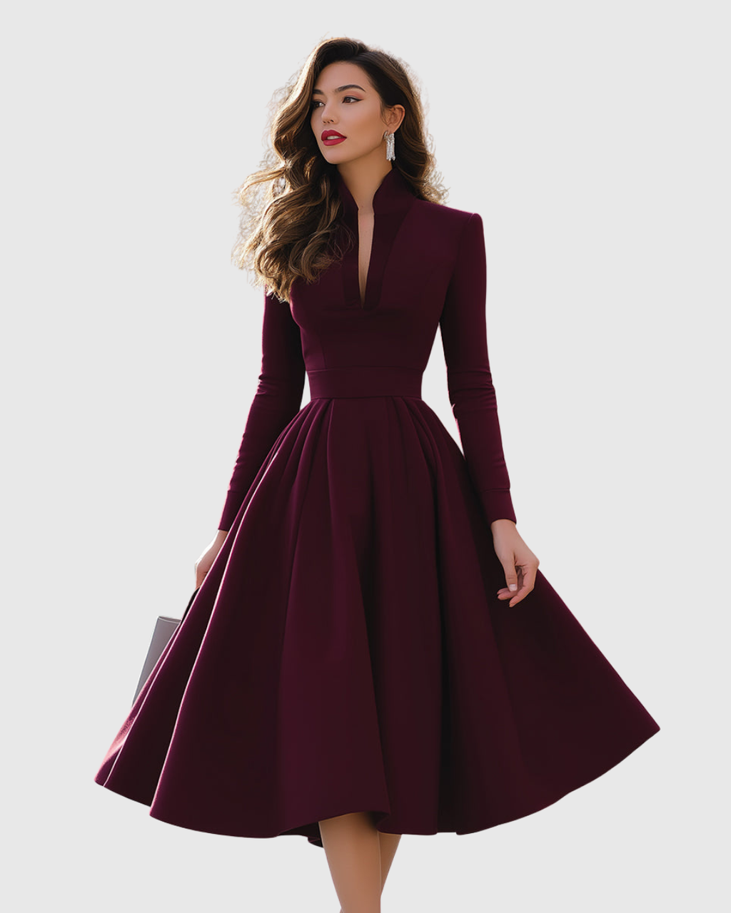 Deep V Neck Long Sleeve Full Skirt A Line Midi Dress - Formal Evening Gown