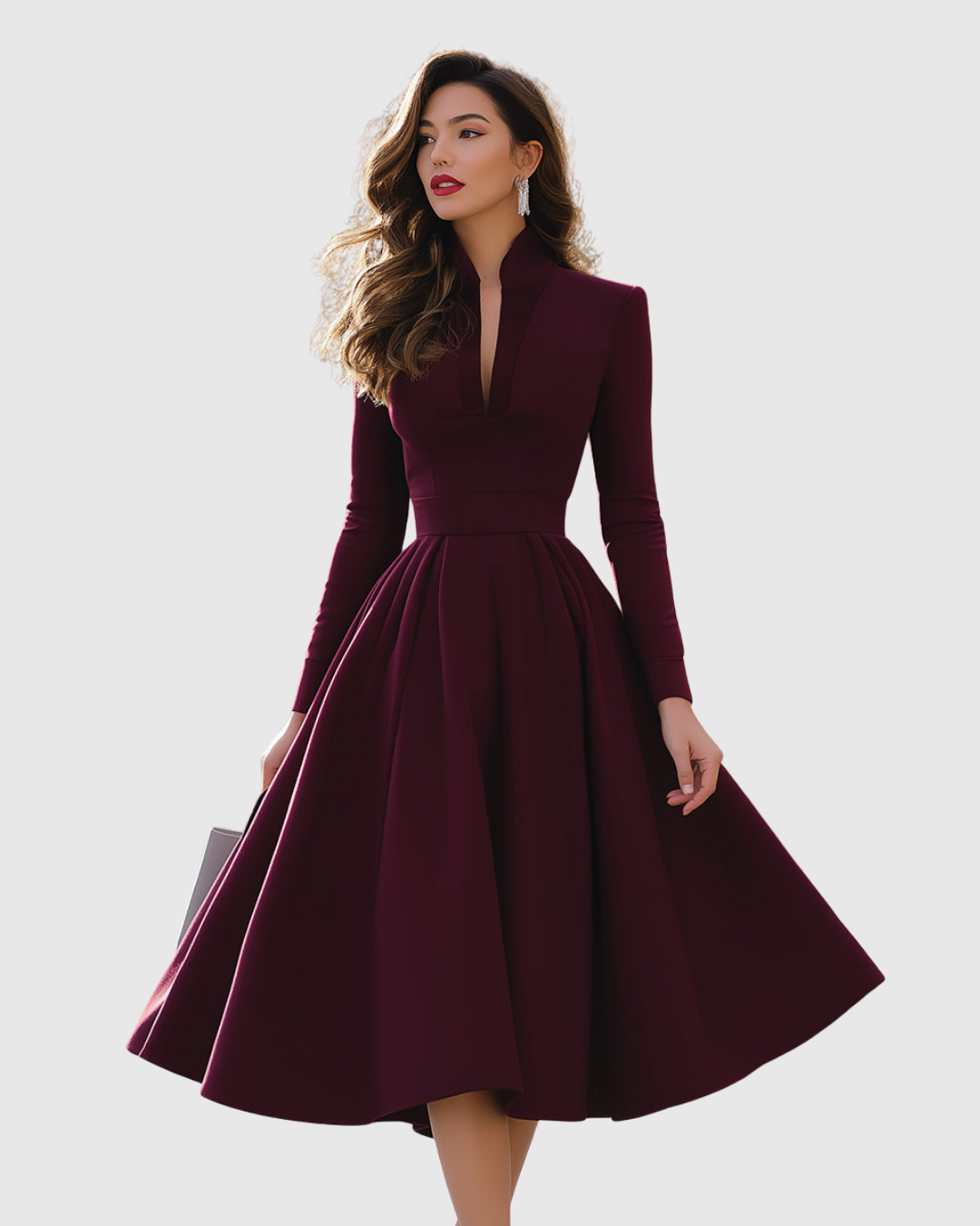Deep V Neck Long Sleeve Full Skirt A Line Midi Dress - Formal Evening Gown