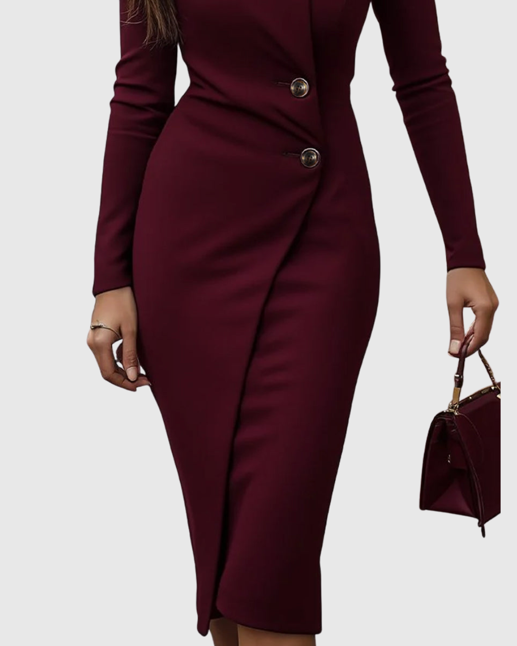 Double Button Wrap V Neck Long Sleeve Bodycon Midi Dress - Formal Evening Gown