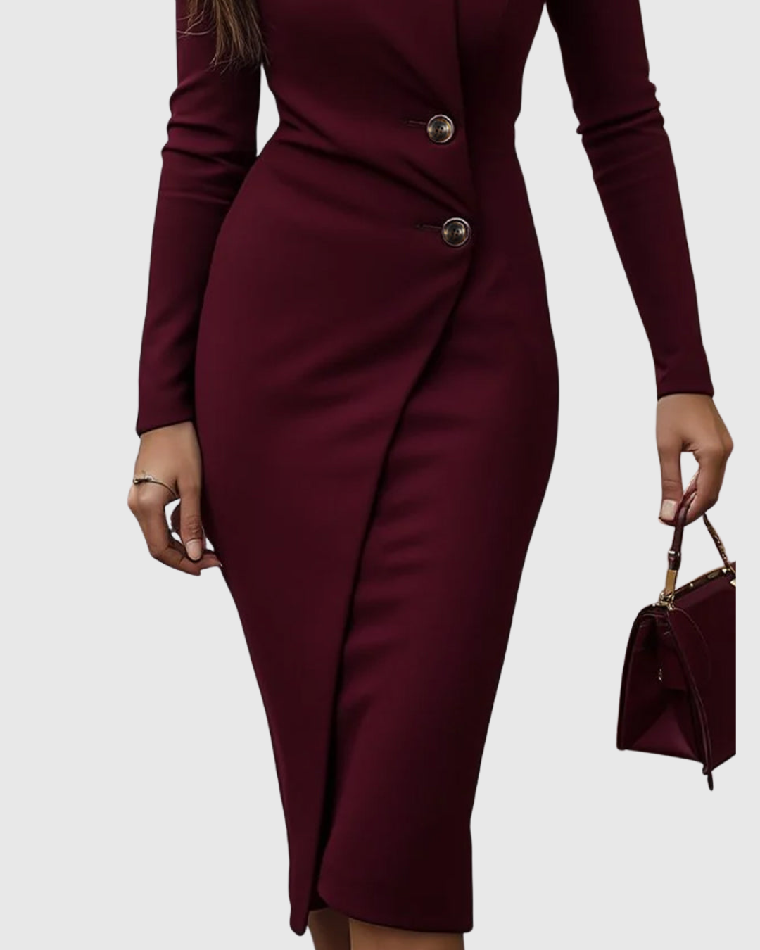Double Button Wrap V Neck Long Sleeve Bodycon Midi Dress - Formal Evening Gown