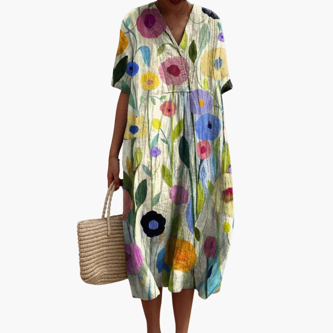 Floral V Neck Short Sleeve Oversized Casual Midi Dress