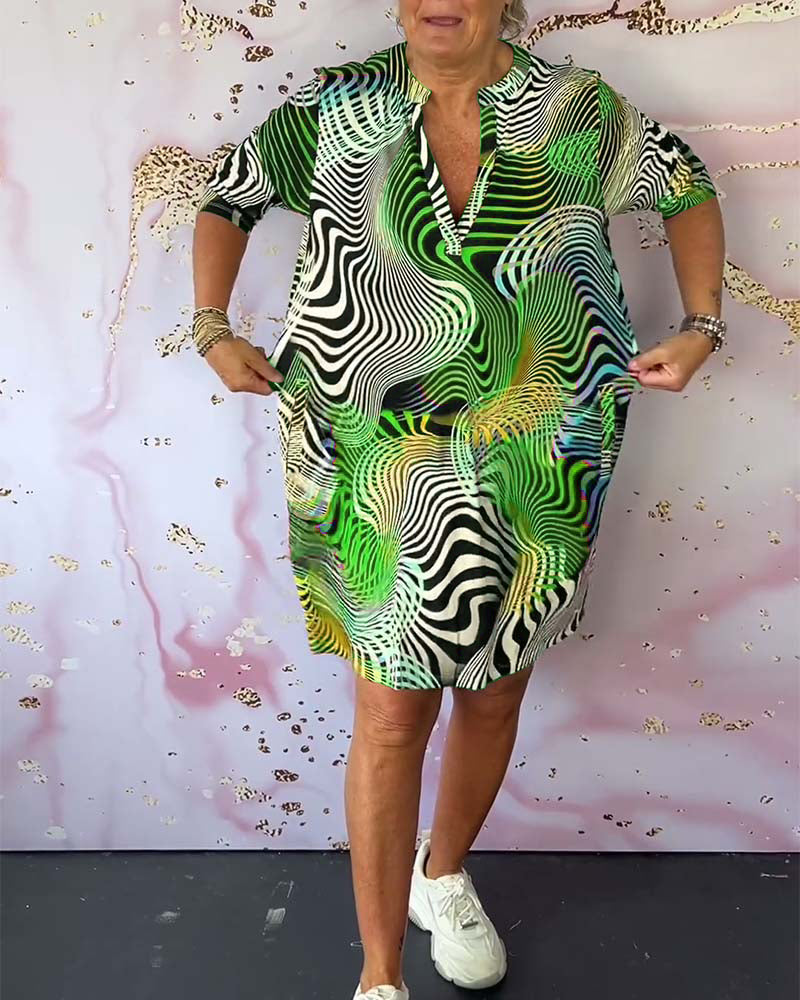 Abstract Wave Print V Neck Half Sleeve Casual Shirt Dress