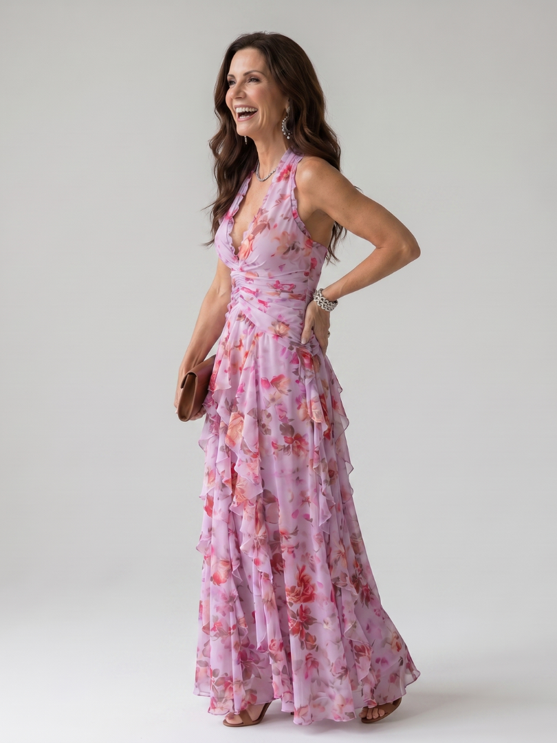 Floral Halter Neck Ruched Bodice Ruffle Flowy Maxi Dress - Wedding Guest