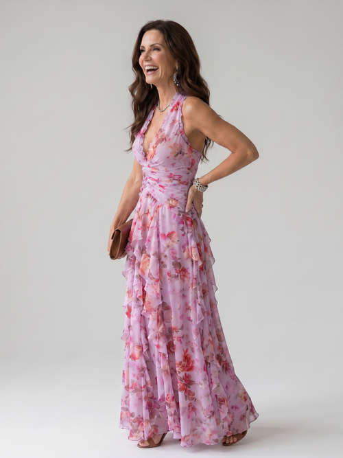 Floral Halter Neck Ruched Bodice Ruffle Flowy Maxi Dress - Wedding Guest
