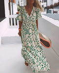 Floral Flutter Sleeve V Neck Tiered Flowy Maxi Dress