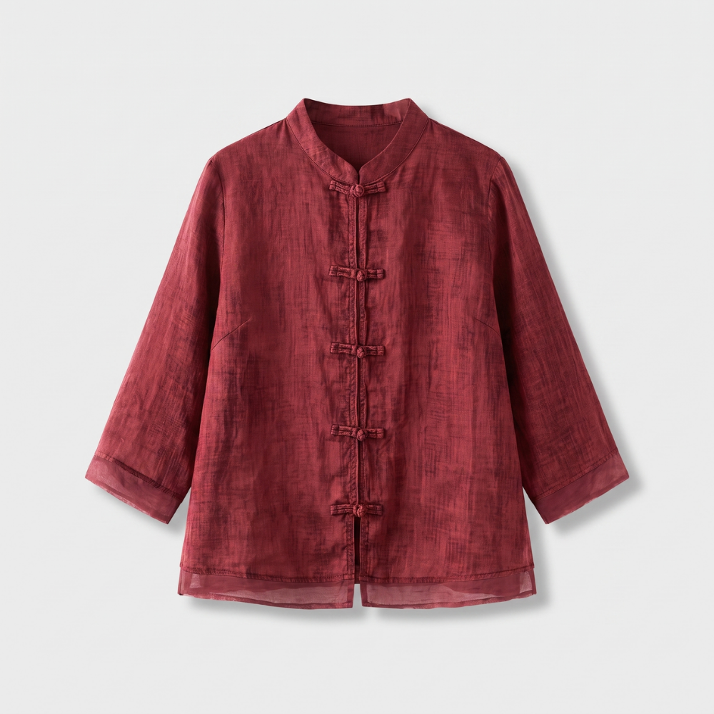 Mandarin Collar Frog Button Linen Blouse for Casual Style