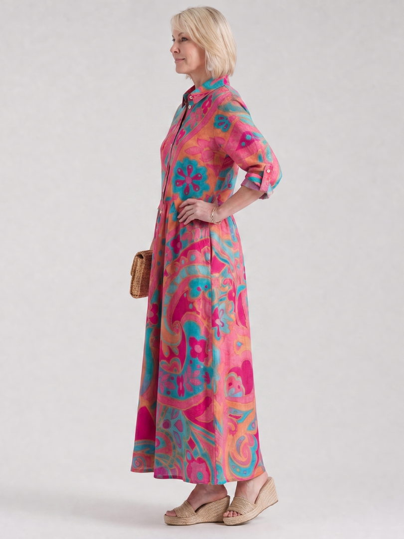 Paisley Print Button Front Collared 3/4 Sleeve Shirt Maxi Dress