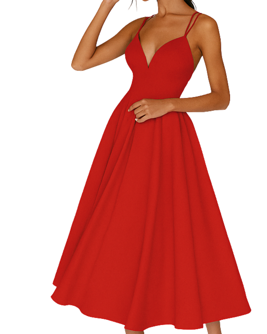 Double Spaghetti Strap Deep V Neck Full Skirt A Line Midi Dress - Formal Evening Gown