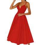 Double Spaghetti Strap Deep V Neck Full Skirt A Line Midi Dress - Formal Evening Gown