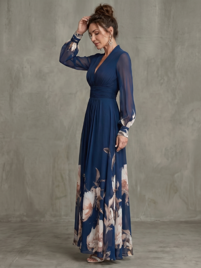 Floral Border Print V Neck Sheer Sleeve Flowy Maxi Dress - Formal Evening Gown