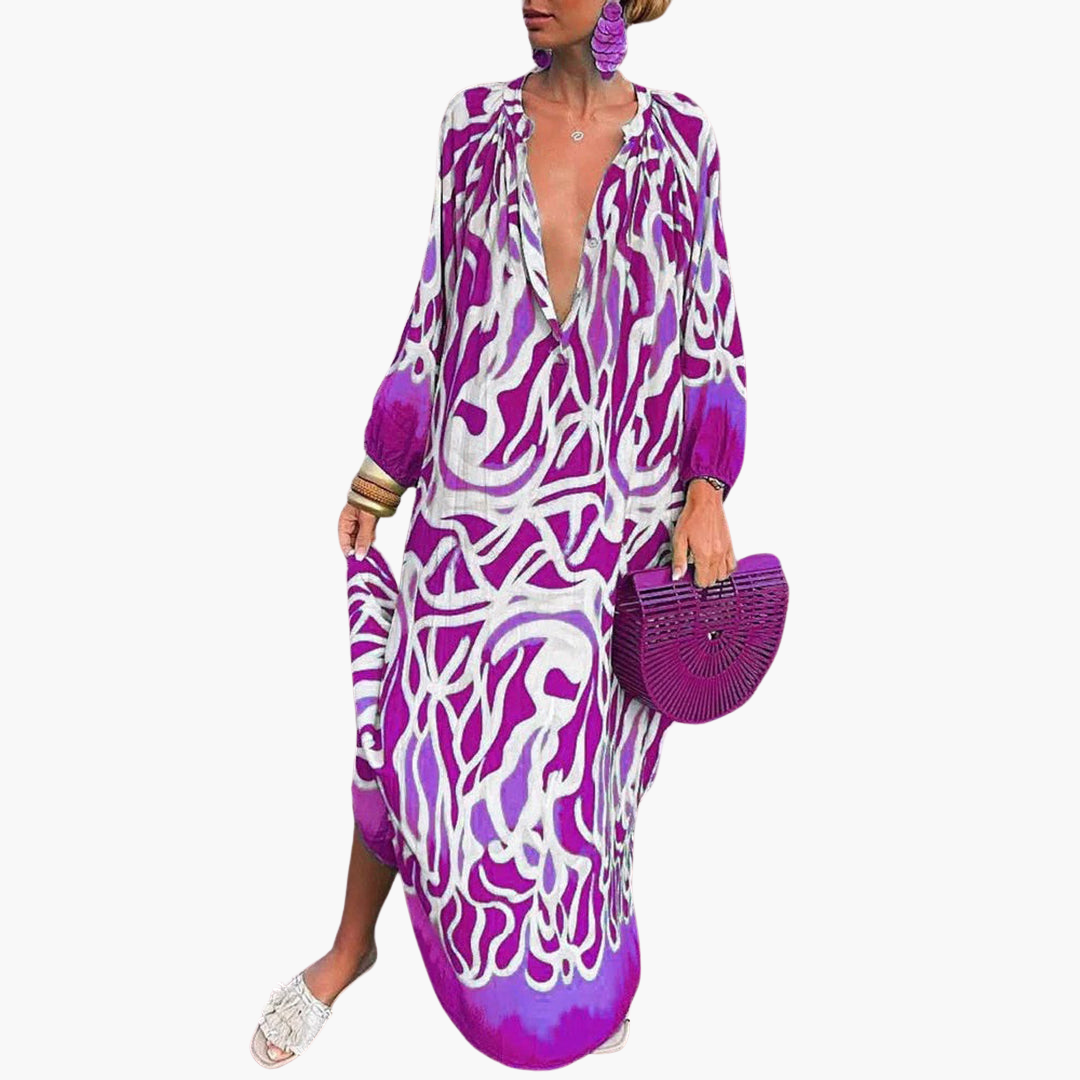 Abstract Print Deep V-Neck Oversized Beach Maxi Dress