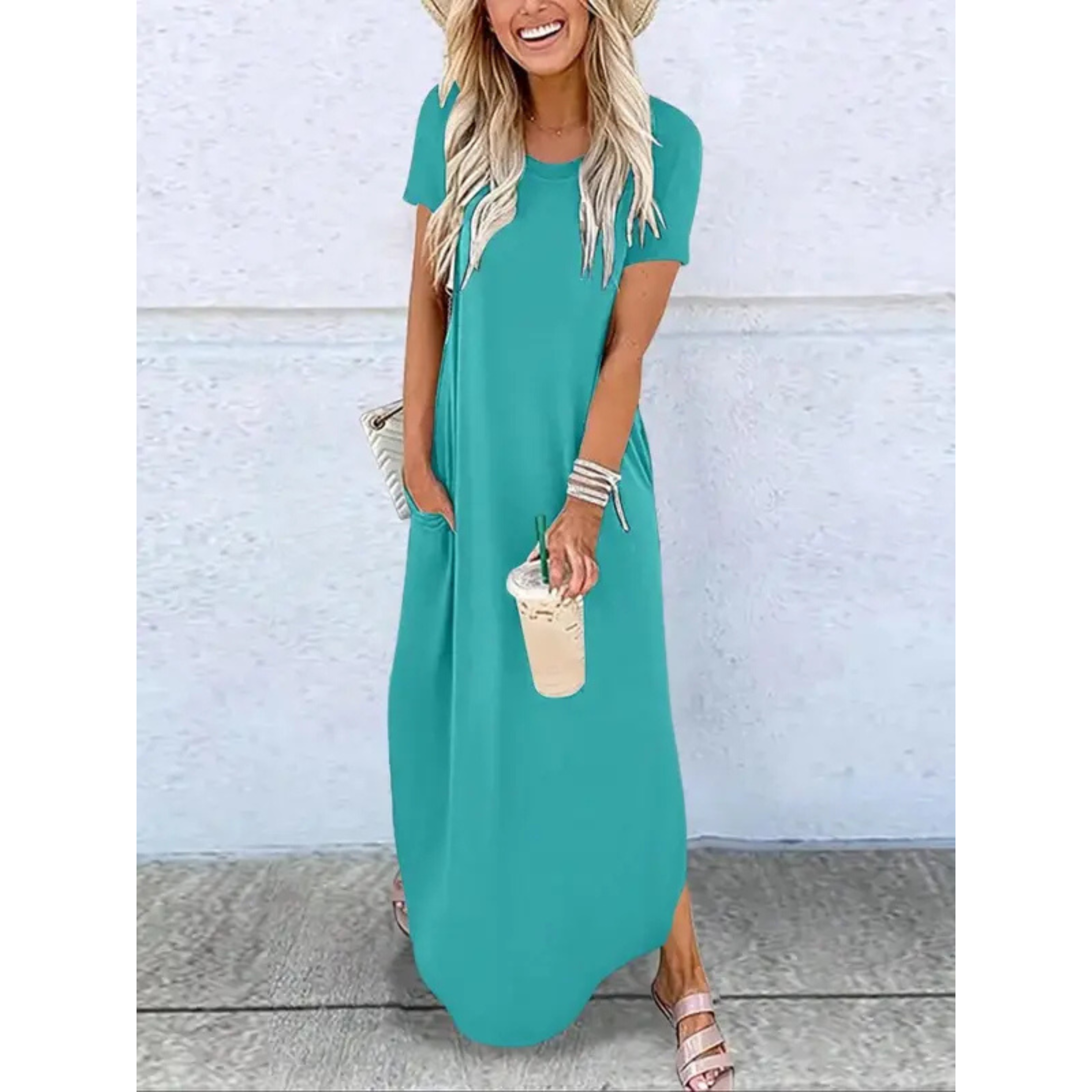 Short Sleeve Scoop Neck Side Split Pocket Casual Maxi Dress