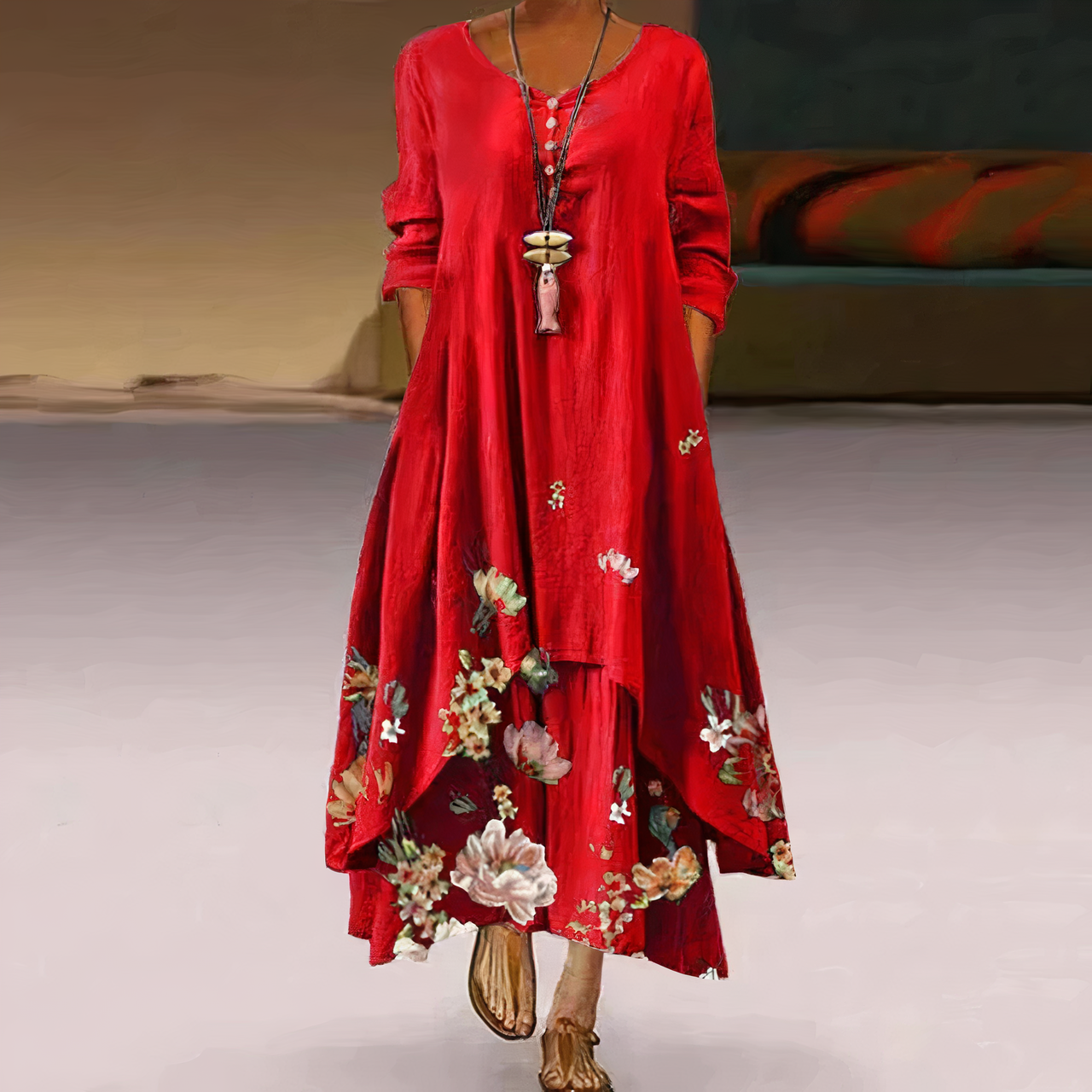 Floral Border Print Long Sleeve Oversized Maxi Dress