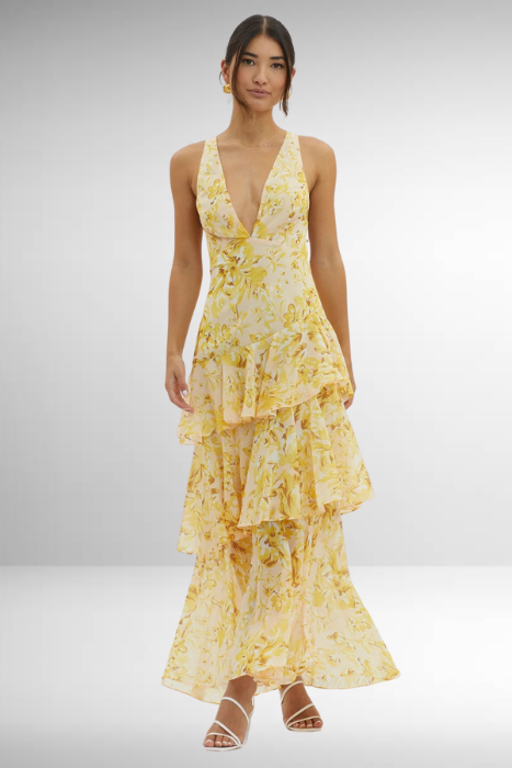 Abstract Print Deep V Neck Tiered Flowy Maxi Dress - Formal Wedding Guest