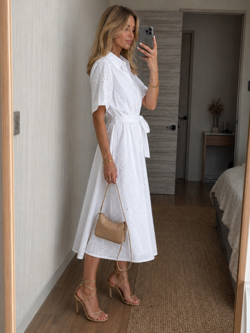 Eyelet Collared Tie Waist Shirt Midi Dress