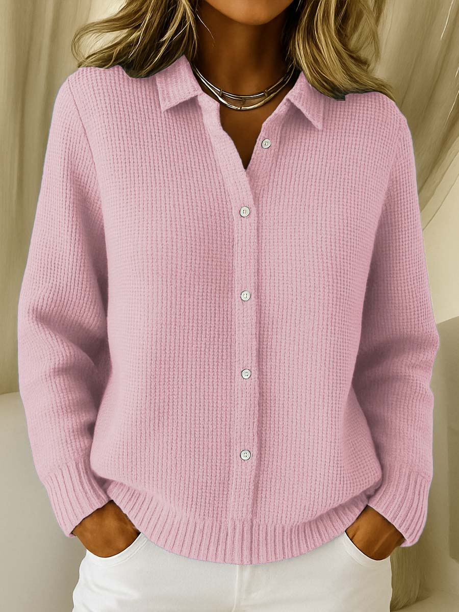 Elise | Women's Waffle Knit Button-Up Collar Cardigan, Long Sleeve Shirt Style