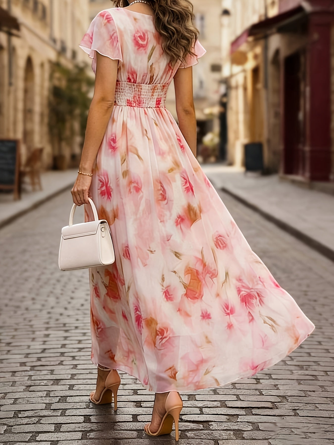 Floral Flutter Sleeve Deep V Neck Flowy Maxi Dress - Wedding Guest