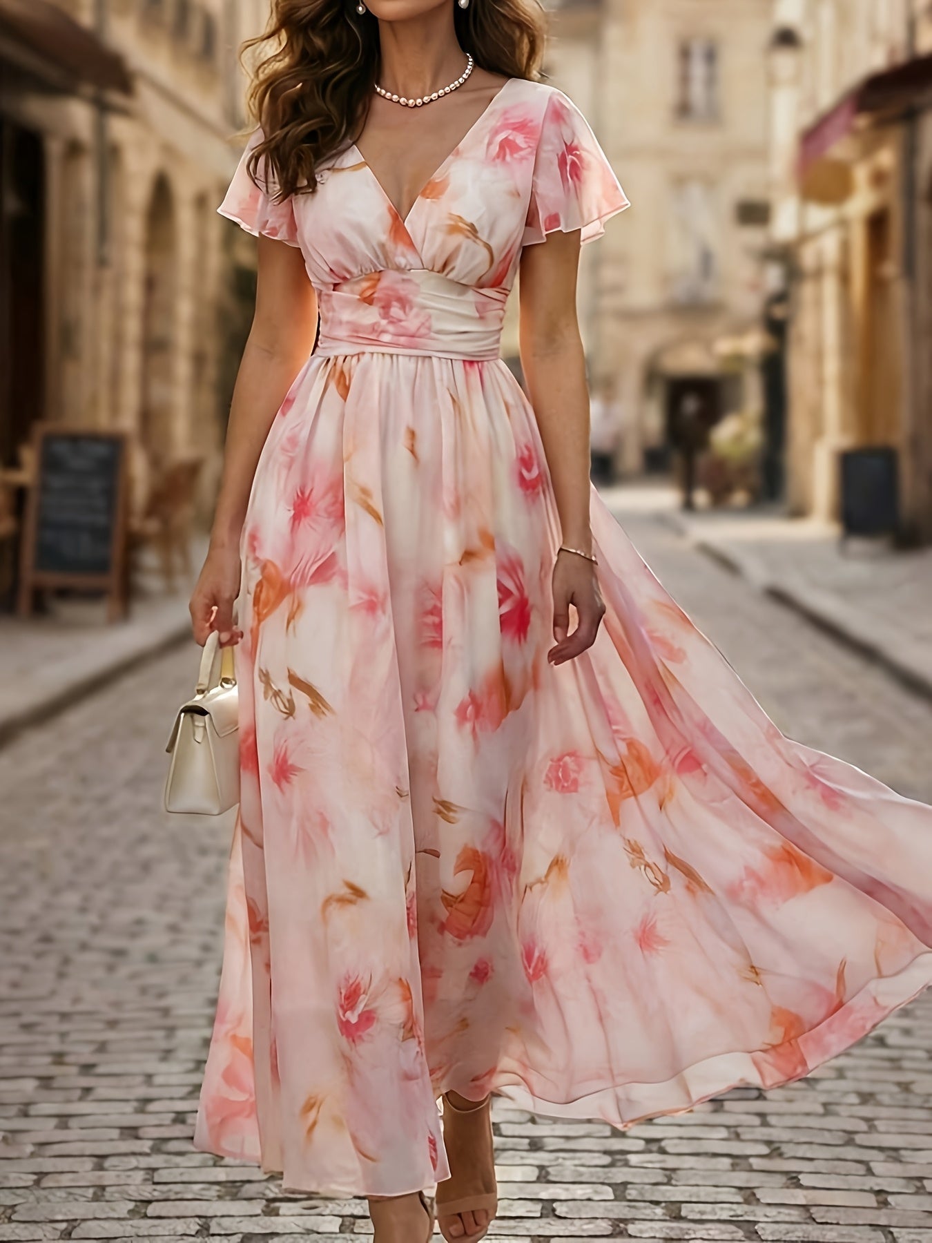 Floral Flutter Sleeve Deep V Neck Flowy Maxi Dress - Wedding Guest