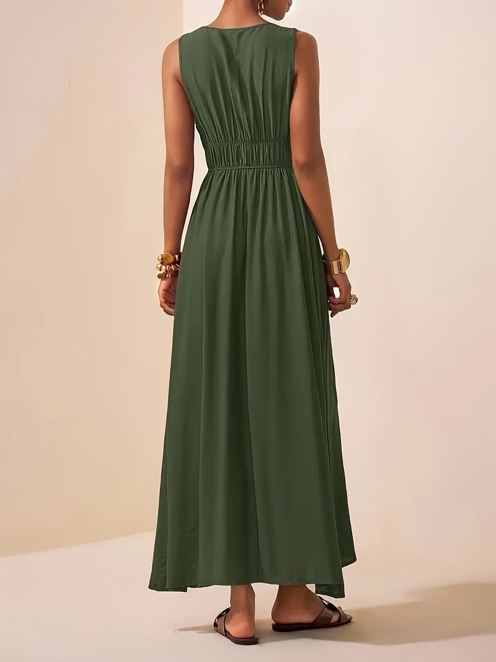 Gold Ring Strap Ruched Bust V Neck Flowy Maxi Dress