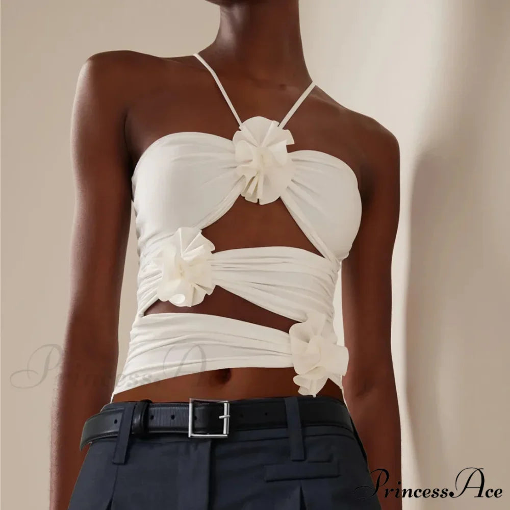 3D Blooming Strap Halter Bodycon Crop Top